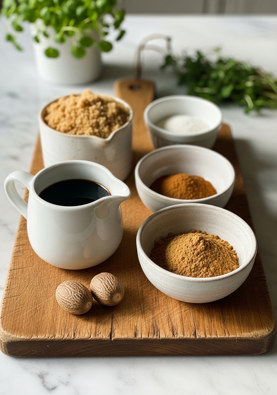 A rustic collection of key ingredients for the One-Bowl Gingerbread Loaf: warm-toned brown sugar, a small pitcher of molasses, ground ginger, and cinnamon in ceramic bowls, alongside a whole nutmeg. All are arranged neatly on the same wooden cutting board, bathed in natural morning light, with fresh herbs subtly in the background on marble countertops. No hands visible.