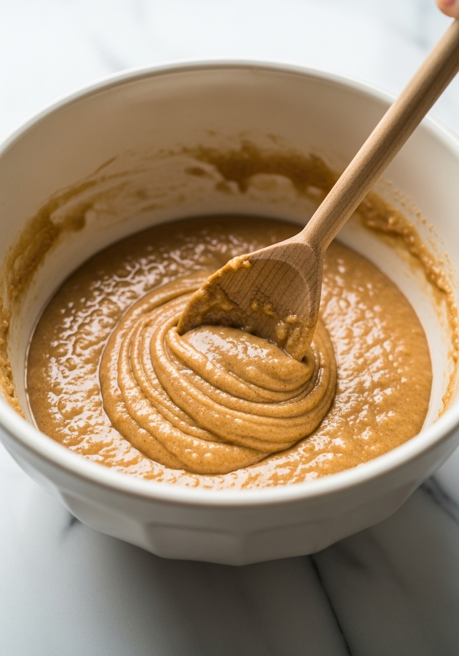 A close-up action shot of a wooden spoon gently folding the hot water into the gingerbread batter in a ceramic mixing bowl on marble countertops, creating a smooth, spiced mixture. The consistency of the batter is visible. Natural morning light casts soft shadows. No hands visible.