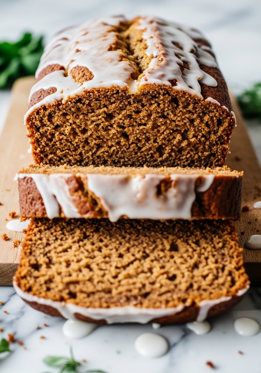 A detailed close-up shot of the tender, moist crumb of a sliced One-Bowl Gingerbread Loaf, showing the flecks of spice and the beautiful texture. A creamy white glaze drips delicately down the side. The loaf rests on the same wooden cutting board on marble countertops, with hints of fresh herbs in soft focus. Natural morning light, warm tones. No hands visible.