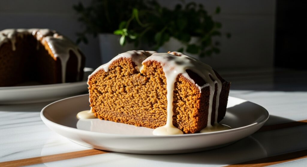 A beautifully plated slice of moist, golden-brown One-Bowl Gingerbread Loaf with a generous drizzle of creamy white glaze on a minimalist white plate. The background features a subtle display of fresh herbs, with natural morning light illuminating the scene on marble countertops with subtle wood accents. Soft shadows enhance the cozy, inviting atmosphere. No hands visible.