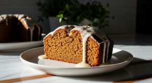 A beautifully plated slice of moist, golden-brown One-Bowl Gingerbread Loaf with a generous drizzle of creamy white glaze on a minimalist white plate. The background features a subtle display of fresh herbs, with natural morning light illuminating the scene on marble countertops with subtle wood accents. Soft shadows enhance the cozy, inviting atmosphere. No hands visible.