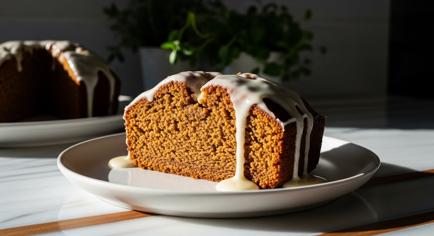 A beautifully plated slice of moist, golden-brown One-Bowl Gingerbread Loaf with a generous drizzle of creamy white glaze on a minimalist white plate. The background features a subtle display of fresh herbs, with natural morning light illuminating the scene on marble countertops with subtle wood accents. Soft shadows enhance the cozy, inviting atmosphere. No hands visible.