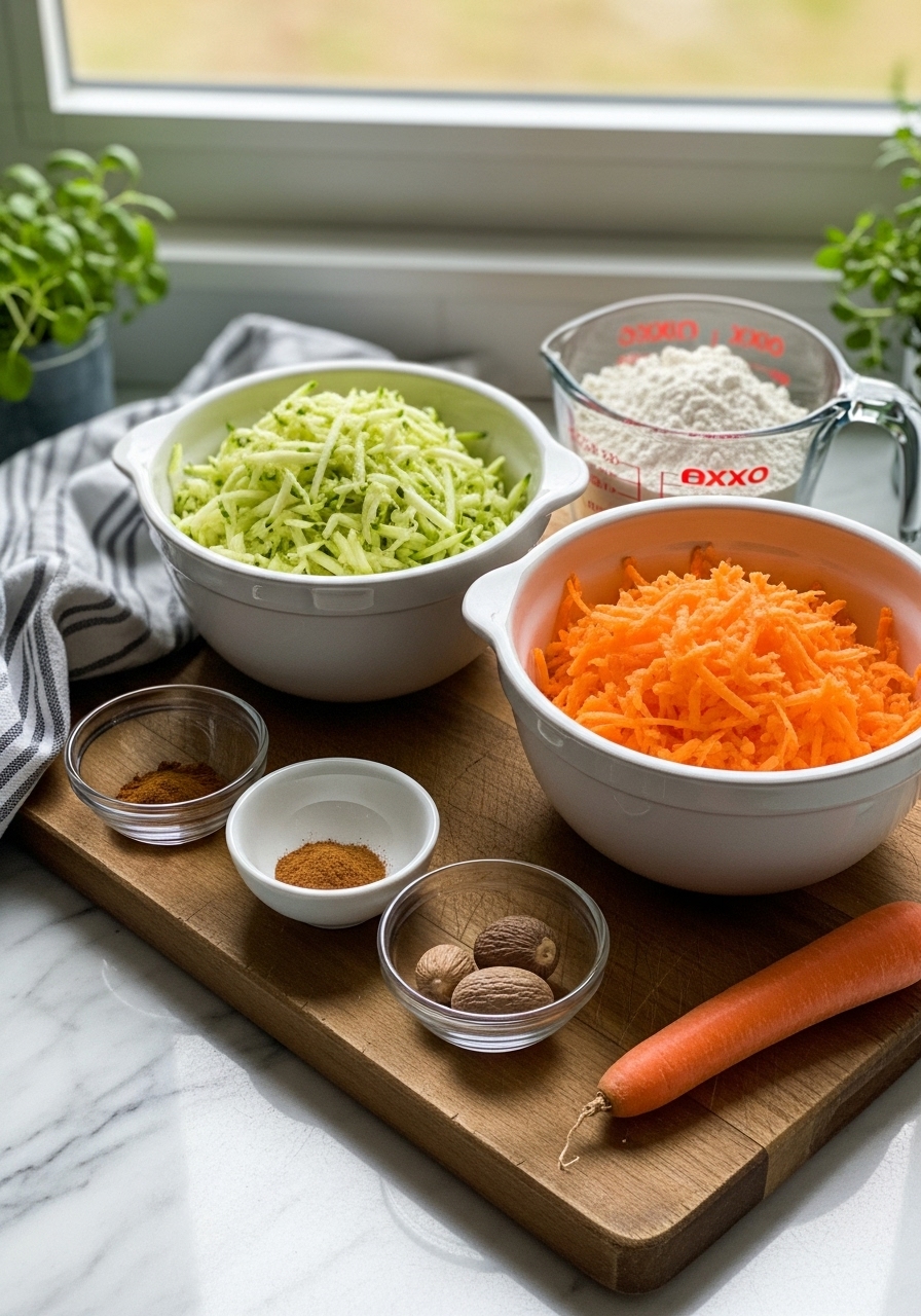 A rustic arrangement of key ingredients for One-Bowl Zucchini Carrot Muffins: a ceramic bowl filled with freshly grated zucchini (squeezed dry), another with vibrant grated carrots, a measuring cup of flour, and small bowls of spices (cinnamon, nutmeg) artfully displayed on the wooden cutting board. The scene is bathed in natural morning light from the east window on marble countertops. Fresh herbs are subtly in the background. No hands.
