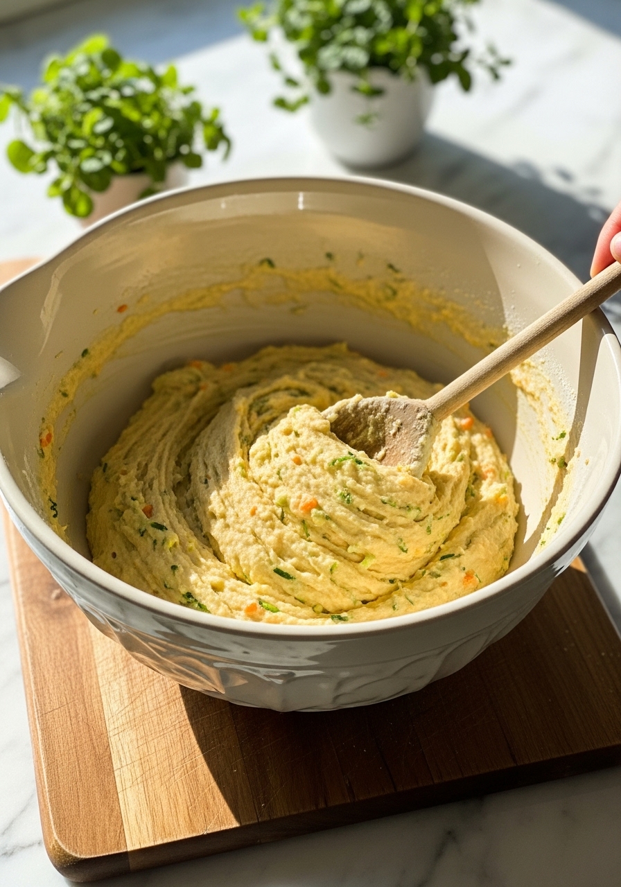 A vibrant batter for One-Bowl Zucchini Carrot Muffins, with visible specks of grated zucchini and carrot, being gently folded in a large ceramic mixing bowl using a wooden spoon. The bowl sits on the wooden cutting board against marble countertops, illuminated by natural morning light. Fresh herbs are present in the soft background, emphasizing the fresh ingredients. No hands.