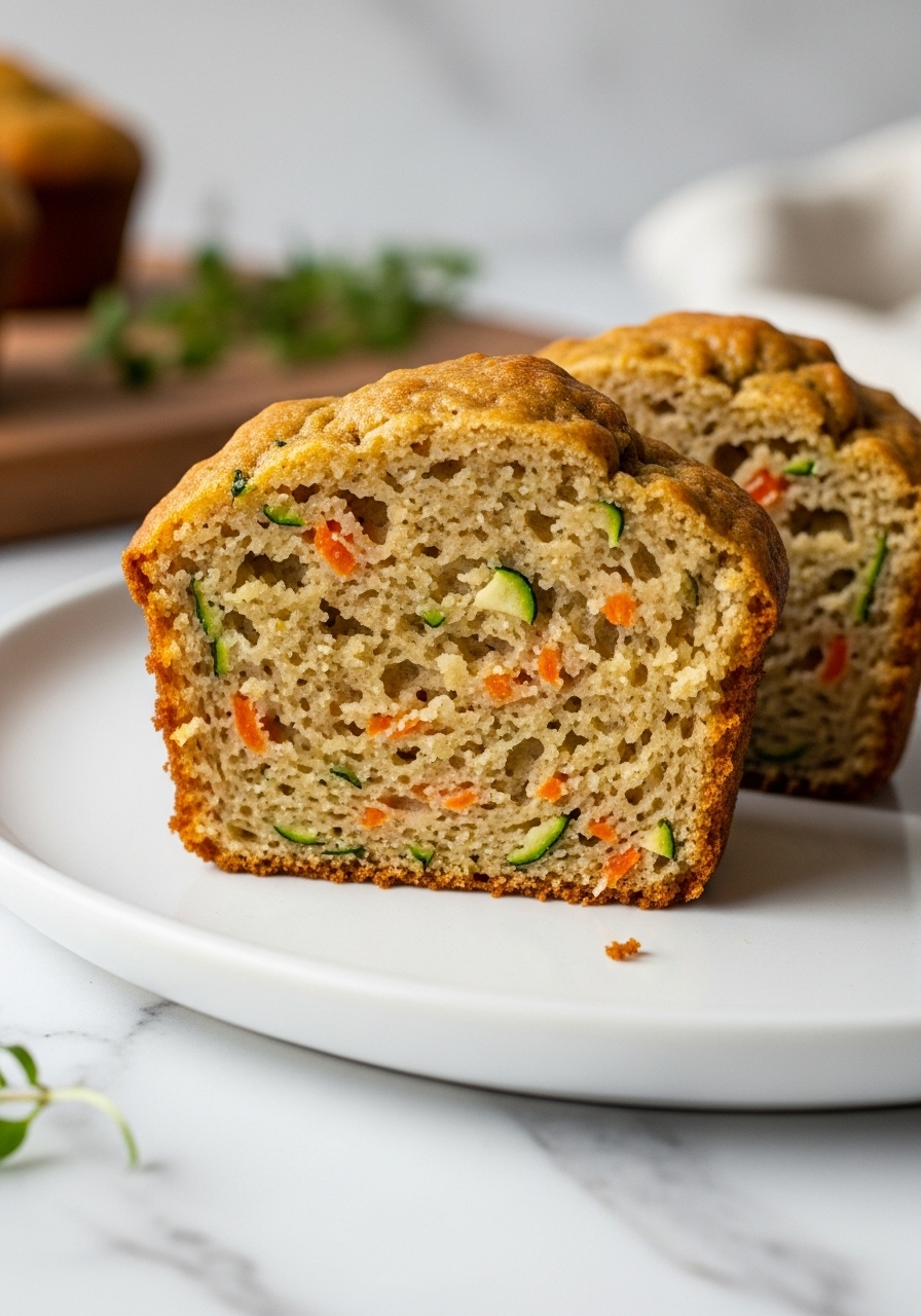 A super close-up detail shot of a sliced One-Bowl Zucchini Carrot Muffin, revealing its incredibly moist, tender interior with visible flecks of zucchini and carrot. The muffin rests on a minimalist white plate, showcasing its golden-brown exterior and texture. The shot is captured in soft natural morning light on marble countertops, with a hint of the wooden cutting board and fresh herbs in the background. No hands.