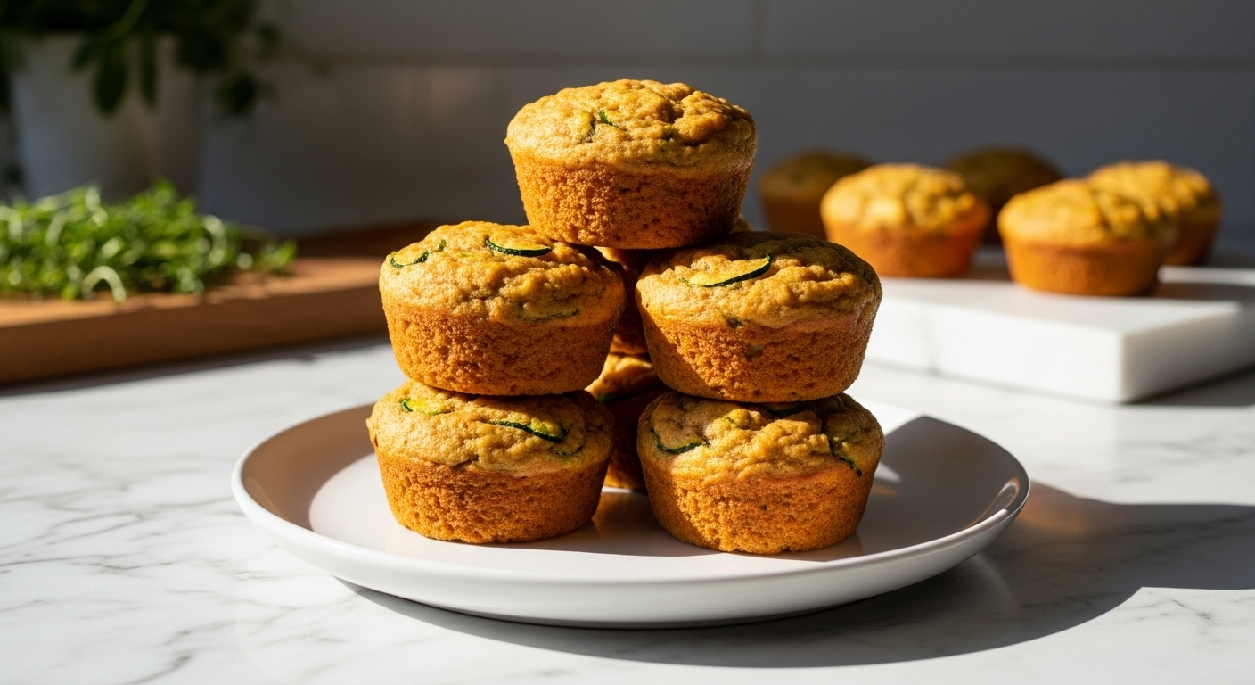 A beautifully plated stack of warm, golden-brown One-Bowl Zucchini Carrot Muffins on a minimalist white plate, set on marble countertops with wood accents in soft natural morning light. Fresh herbs are visible in the soft-focus background, adding a touch of green. The overall scene is clean, tidy, and exudes warmth with soft shadows. No hands.