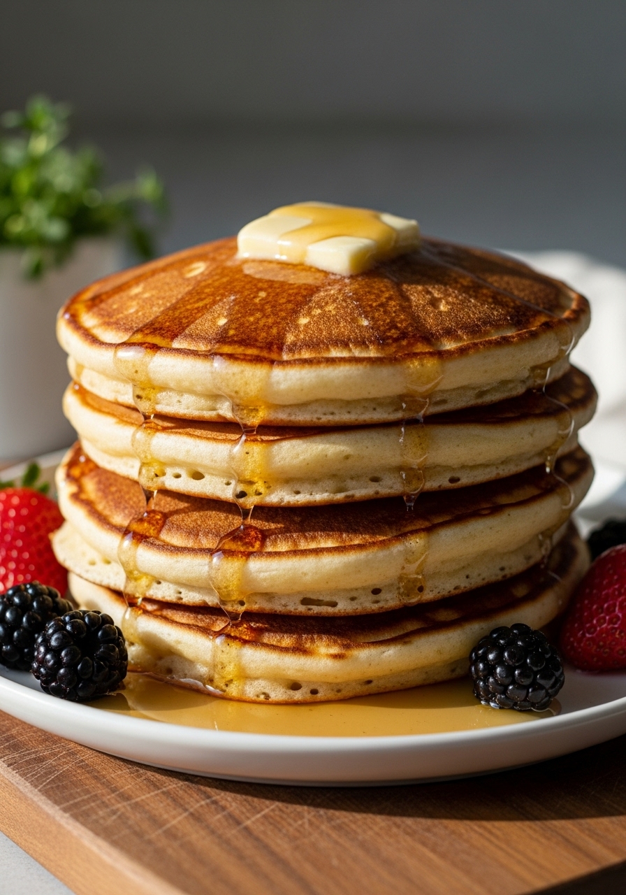 Pancake Mix from Scratch A close-up detail shot of a stack of incredibly fluffy, golden-brown pancakes with beautifully crisp edges, glistening with maple syrup and topped with a pat of melting butter. The pancakes rest on a minimalist white plate, adorned with a few fresh berries, on the wooden cutting board. Soft shadows and warm tones from natural morning light highlight the delicious texture. Fresh herbs are visible in the background. No hands or people.