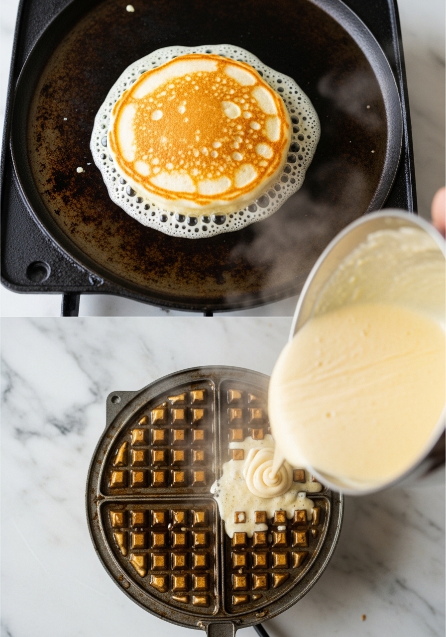 A 3:4 action shot from a slightly elevated angle, capturing golden, fluffy pancake batter sizzling gently on a hot griddle, with visible bubbles forming. Or, alternatively, batter being poured into a preheated waffle iron, showing the steam rising and the grid pattern starting to form, all on marble countertops. Natural morning light, soft shadows, warm tones, and a clean, tidy presentation. No hands.