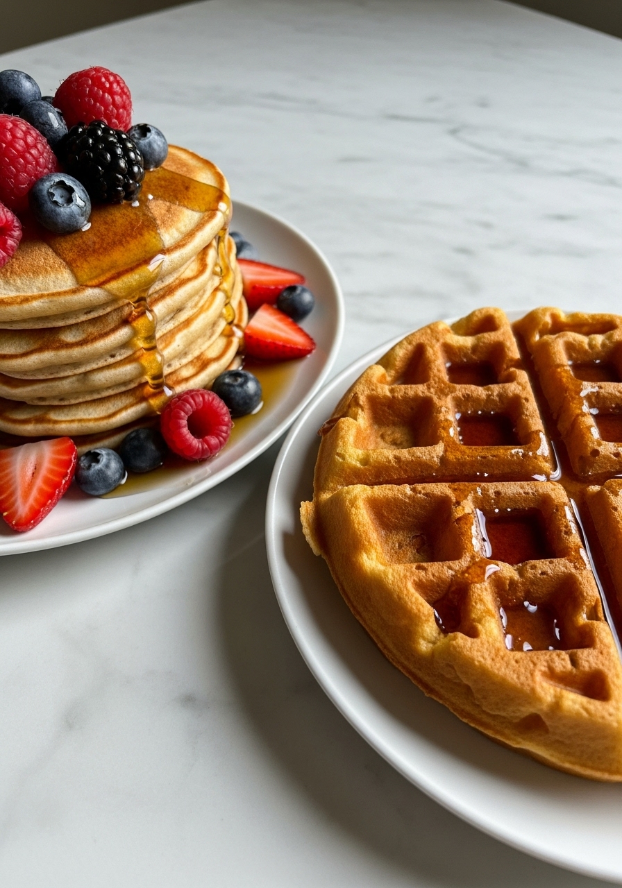 A 3:4 close-up detail shot of a stack of mouth-watering pancakes, generously topped with fresh berries and a rich maple syrup drizzle, next to a section of a crispy, deeply textured golden waffle, also glistening with syrup. Both are on minimalist white plates, sitting on marble countertops. The focus is on the delicious textures and inviting warmth. Natural morning light, soft shadows, warm tones, and a clean, tidy presentation. No hands.