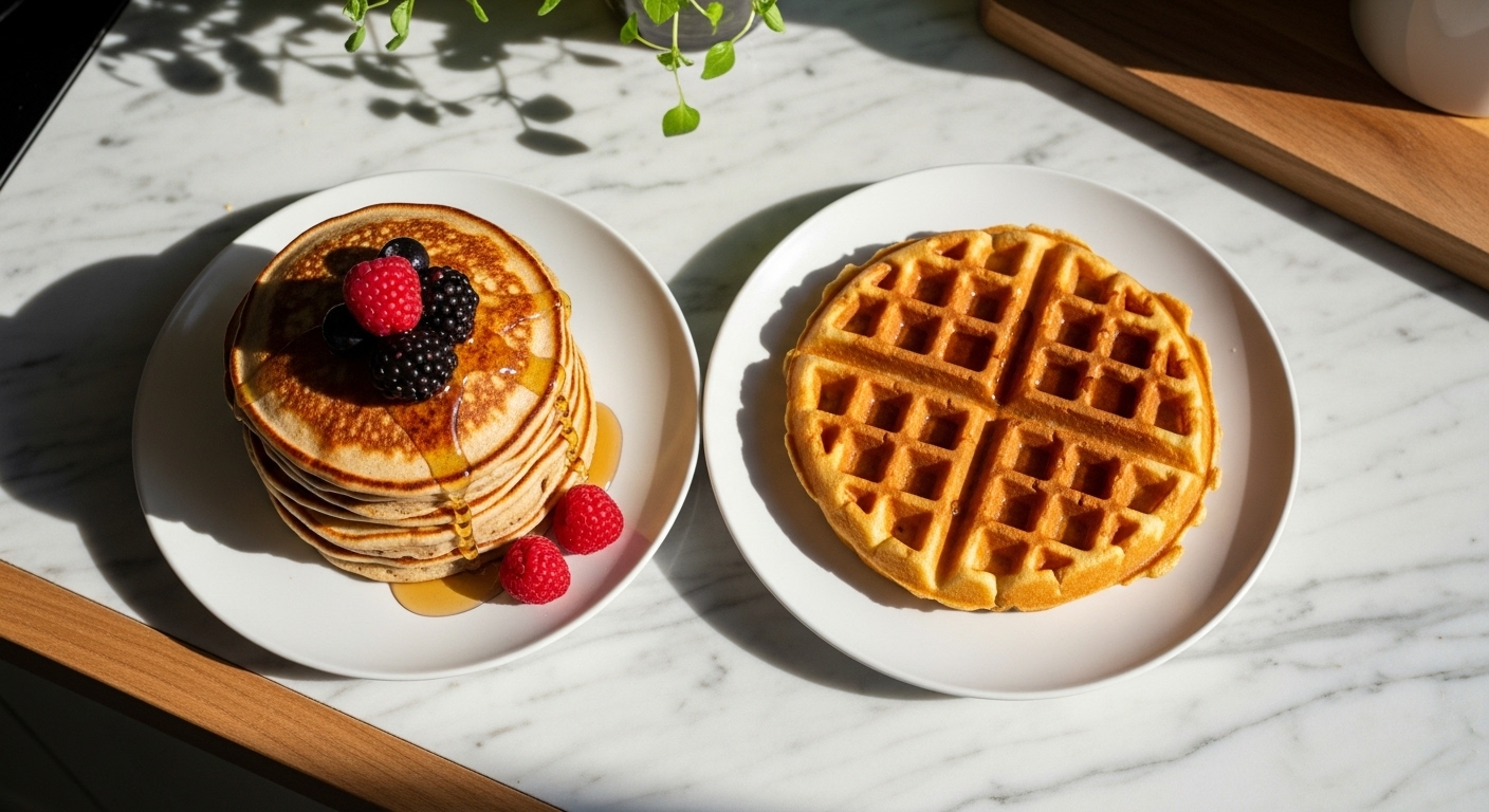 A beautifully styled 16:9 overhead shot on marble countertops with wood accents, showcasing a stack of golden brown, fluffy pancakes topped with berries and a drizzle of syrup, placed next to a perfectly crisp, golden waffle in a minimalist white plate. Natural morning light from an east window illuminates the scene, with fresh herbs subtly visible in the background and the same wooden cutting board peeking into the frame. Soft shadows, warm tones, and a clean, tidy presentation. No hands.