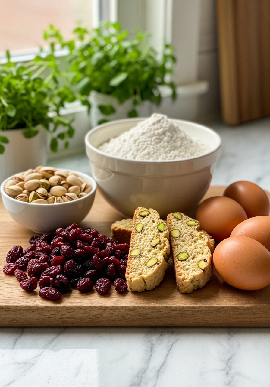A beautiful arrangement of key ingredients for Pistachio Cranberry Biscotti: vibrant green shelled pistachios, jewel-toned dried cranberries, flour in a ceramic bowl, and whole eggs, all artfully displayed on a wooden cutting board on a marble countertop, bathed in natural morning light from an east window. Fresh herbs are visible in the soft-focused background, emphasizing a clean, tidy, and inviting kitchen scene.