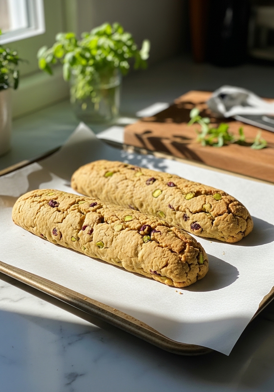Two logs of Pistachio Cranberry Biscotti dough, golden brown and perfectly shaped, lying on a parchment-lined baking sheet on a marble countertop, after the first bake and before slicing. Natural morning light from an east window creates soft shadows, highlighting the warm tones. Fresh herbs are subtly present in the background, and the wooden cutting board is nearby, maintaining the consistent kitchen visual.