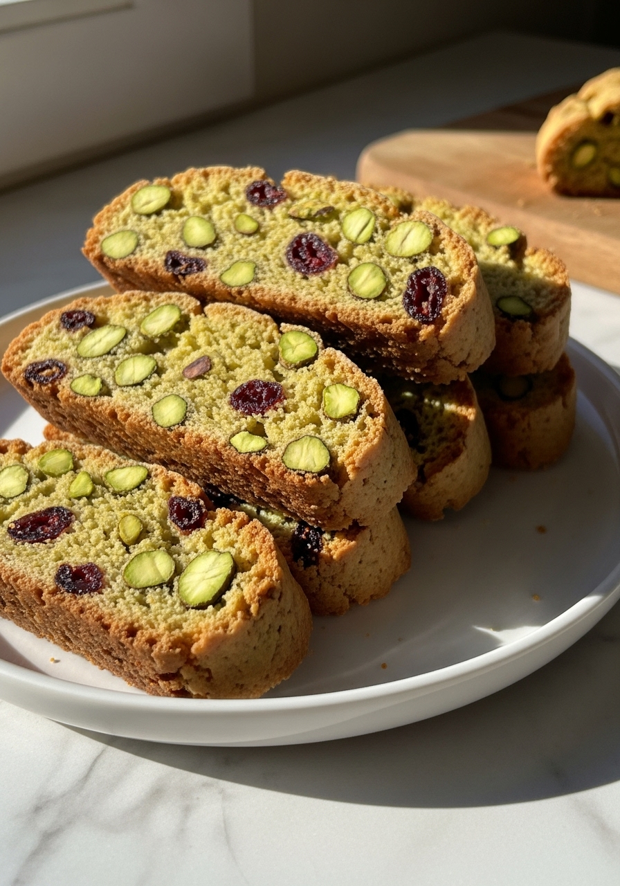A close-up, mouth-watering detail shot of several perfectly sliced Pistachio Cranberry Biscotti, showcasing their crisp texture and the vibrant, evenly distributed pistachios and cranberries. They are gently stacked on a minimalist white plate on a marble countertop, bathed in soft, natural morning light from an east window, with warm tones and a subtle hint of the wooden cutting board in the background. The scene is clean, tidy, and deliciously appealing.