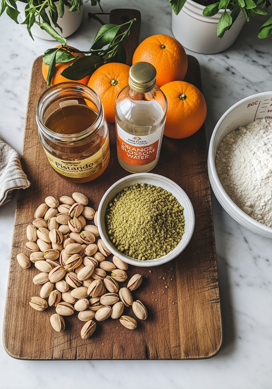 A rustic, warm-toned 3:4 flat lay of key ingredients for Pistachio Honey Cake. Shelled unsalted pistachios are scattered artfully around a small ceramic bowl of finely ground pistachios. A jar of golden honey, a bottle of orange blossom water, and a few whole oranges are arranged on the same wooden cutting board. A measurement of flour is in a white bowl, all illuminated by natural morning light on marble countertops, with a hint of fresh herbs in the background. No hands or people are visible.
