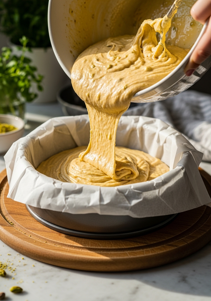 A 3:4 action shot of golden Pistachio Honey Cake batter being gently poured from a ceramic mixing bowl into a round parchment-lined cake pan, resting on the same wooden cutting board. The texture of the batter with green pistachio flecks is visible. The scene is lit by natural morning light, casting soft shadows on the marble countertops, with fresh herbs subtly present in the blurred background. No hands or people are visible.