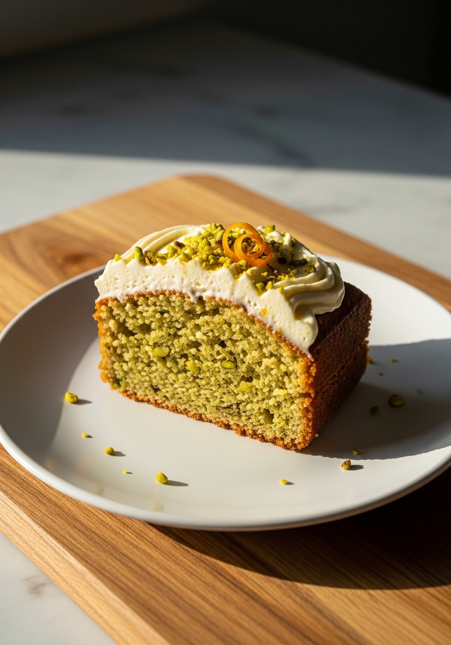 A delectable 3:4 close-up detail shot of a single slice of Pistachio Honey Cake on a minimalist white plate. The image focuses on the moist, tender crumb of the cake, revealing the green flecks of pistachio, and the smooth, creamy orange blossom frosting artfully swirled on top. It's garnished with a sprinkle of chopped pistachios and a tiny curl of orange zest. The plate rests on the same wooden cutting board, with warm natural morning light from the east window creating gentle highlights on the marble countertops. No hands or people are visible.