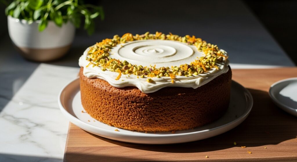 A beautifully composed 16:9 hero shot of a full Pistachio Honey Cake, elegantly frosted with orange blossom cream cheese frosting, and garnished with finely chopped pistachios and delicate orange zest. The cake is centered on a clean, minimalist white round plate, placed on the same wooden cutting board. The scene is bathed in natural morning light from the east window, creating soft shadows and warm tones on the marble countertops. Fresh herbs are visible in a ceramic bowl in the softly blurred background, maintaining a clean and tidy presentation without any hands or people.