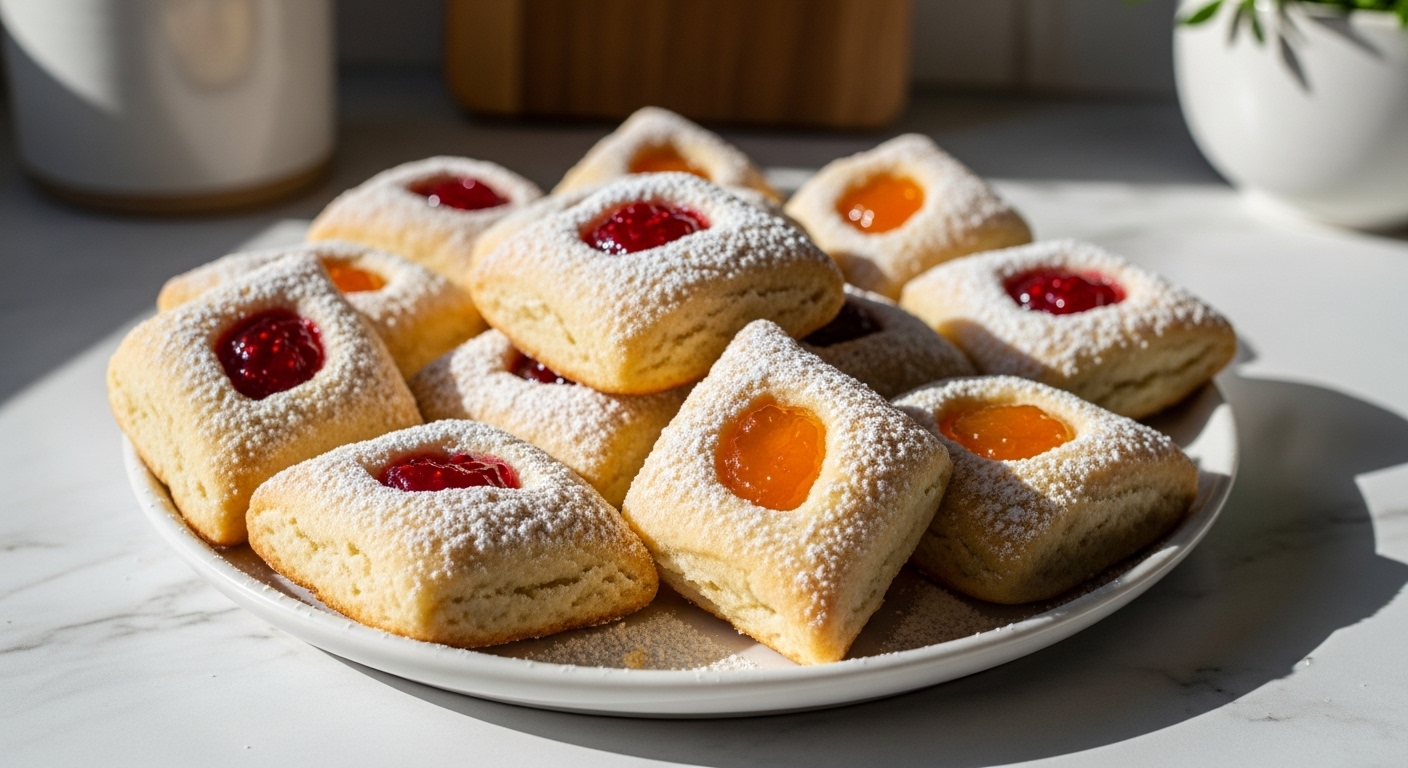 A beautiful spread of freshly baked Polish Kolaczki Cookies, showcasing their delicate diamond shape, tender golden dough, and glistening pockets of vibrant red raspberry jam and golden apricot jam, generously dusted with powdered sugar. They are arranged artfully on a minimalist white plate, set on marble countertops with warm natural morning light streaming from an east window, casting soft shadows. A hint of a wooden accent is in the background, along with a ceramic bowl subtly holding fresh herbs. No hands.