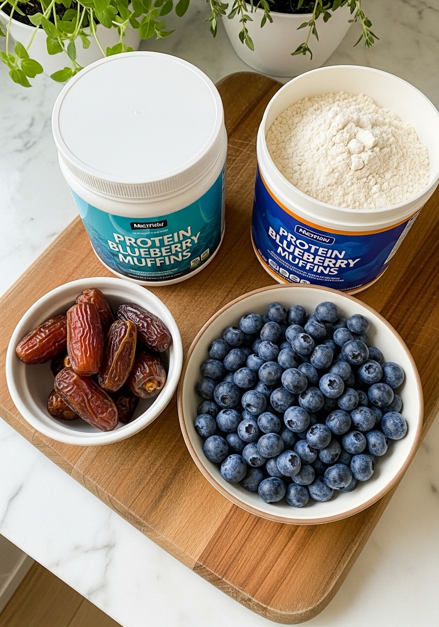 A 3:4 overhead shot showcasing the key ingredients for Protein Blueberry Muffins: a small bowl of pitted Medjool dates, a pile of fresh blueberries, a container of protein powder, and flour, all neatly arranged on the same wooden cutting board on marble countertops. Fresh herbs are subtly visible in the background, bathed in natural morning light. The scene is clean, tidy, and inviting, highlighting the wholesome components. No hands or people visible.