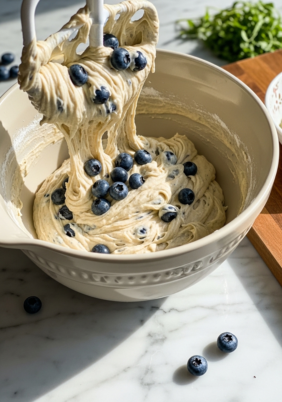 A 3:4 action shot of a muffin batter being gently folded with fresh blueberries in a large ceramic mixing bowl, placed on the marble countertops. The batter is thick and speckled with blue. Natural morning light creates gentle highlights and soft shadows. The same wooden cutting board is nearby, along with some fresh herbs in the background. The focus is on the inviting texture of the batter and blueberries. No hands or people visible.
