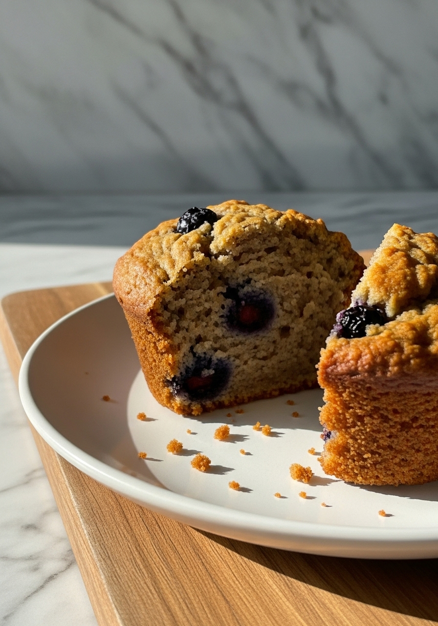 A 3:4 close-up detail shot of a warm, golden brown Protein Blueberry Muffin (Sweetened with Dates), split open slightly to reveal its moist interior and juicy blueberries. It's resting on a minimalist white plate on the same wooden cutting board, with the marble countertops and soft natural morning light in the background. A few delightful crumbs are visible, adding to the authentic, homemade feel. No hands or people visible.