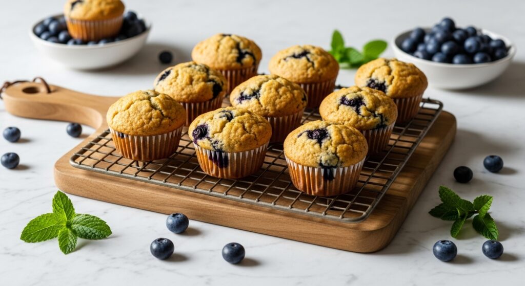 A beautifully styled 16:9 hero shot of freshly baked, golden brown Protein Blueberry Muffins (Sweetened with Dates) cooling on a rustic wire rack on the same wooden cutting board. Natural morning light streams in from the east window, casting soft shadows. A few loose blueberries and fresh mint sprigs are artfully scattered around on the marble countertops with wood accents. The overall presentation is clean, tidy, and exudes warmth, emphasizing the deliciousness of the muffins. No hands or people visible.