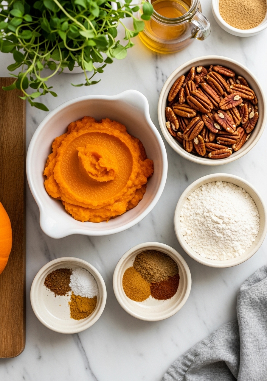 An overhead shot of key ingredients for Pumpkin Pecan Streusel Bread laid out on marble countertops: a bowl of pumpkin puree, whole pecans, flour, and spices in small ceramic bowls, all bathed in natural morning light. Fresh herbs are subtly in the background, next to the wooden cutting board. Clean and tidy, warm tones. No hands.