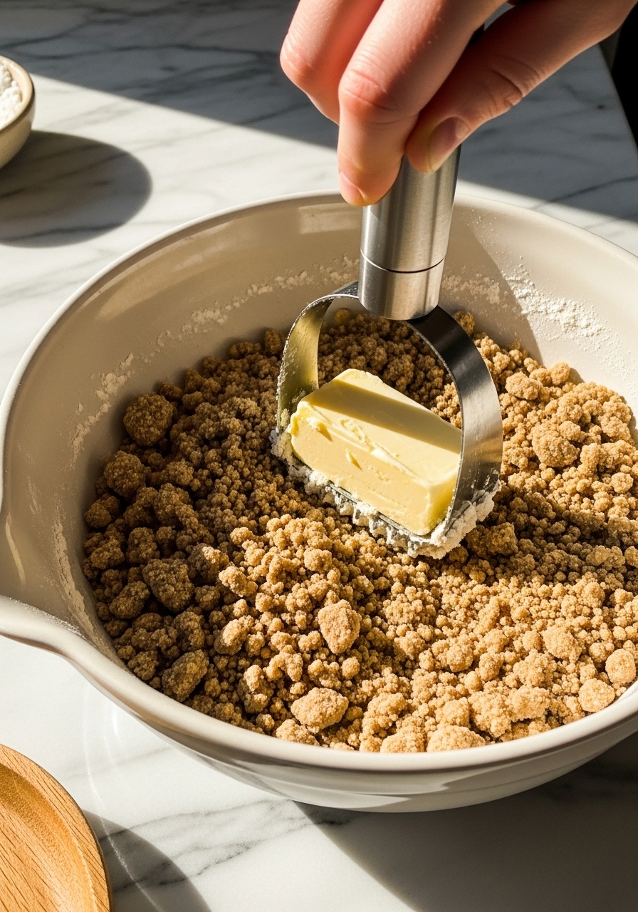 A close-up action shot of a pastry blender cutting cold butter into the flour and sugar mixture for the pecan streusel, creating perfect crumbles in a ceramic bowl. The scene is on marble countertops with subtle wood accents, under natural morning light. Soft shadows, warm tones, clean. No hands.