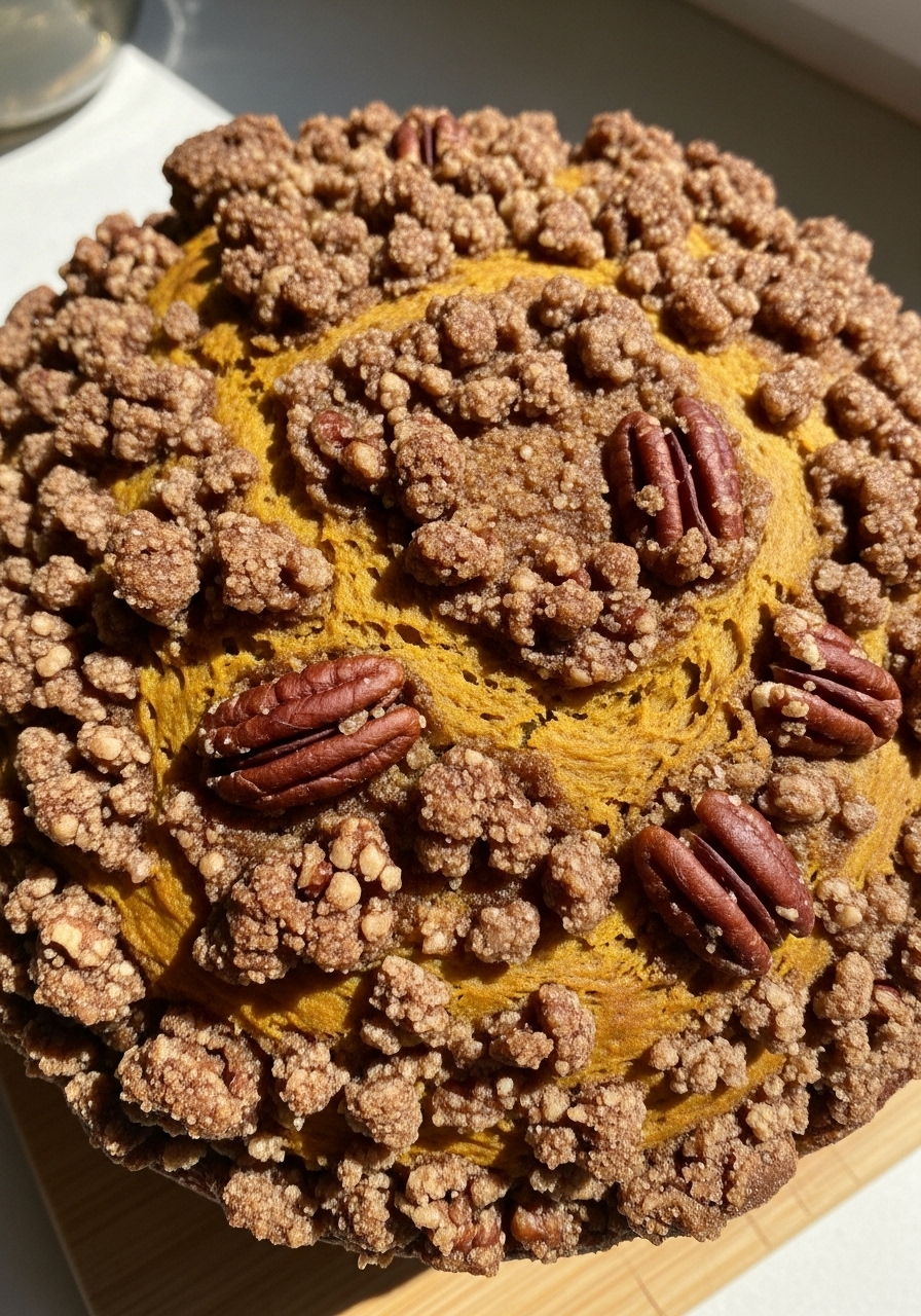 An extreme close-up detail shot of the top of a freshly baked Pumpkin Pecan Streusel Bread, highlighting the golden-brown, crunchy pecan streusel topping with visible bits of toasted pecans and cinnamon sugar. The bread has a perfectly domed top. Natural morning light creates inviting soft shadows. A hint of the wooden cutting board is visible in the background. No hands.