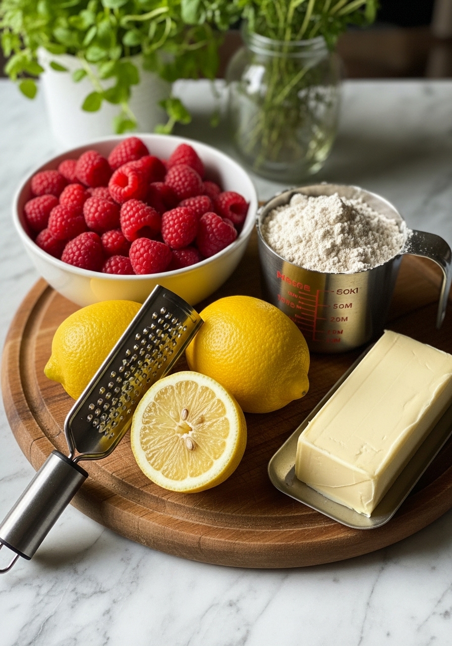 A rustic yet tidy composition of key ingredients for Raspberry Lemon Gluten-Free Bread: a bowl of vibrant fresh raspberries, whole lemons with zester next to them, a measuring cup of gluten-free flour, and a stick of softened butter, all arranged on the wooden cutting board against marble countertops. Natural morning light creates soft shadows, with fresh herbs visible in the background, exuding warm tones.