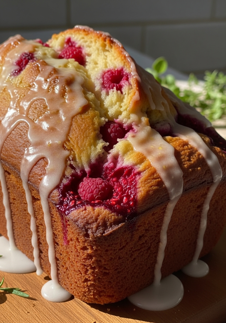 An intimate close-up detail shot of a freshly baked Raspberry Lemon Gluten-Free Bread loaf on the wooden cutting board, highlighting its golden-brown crust, visible raspberry bursts, and the glistening, thick lemon glaze gently dripping down the sides. Soft natural morning light illuminates the texture, creating warm tones and soft shadows, with subtle fresh herb accents in the background.