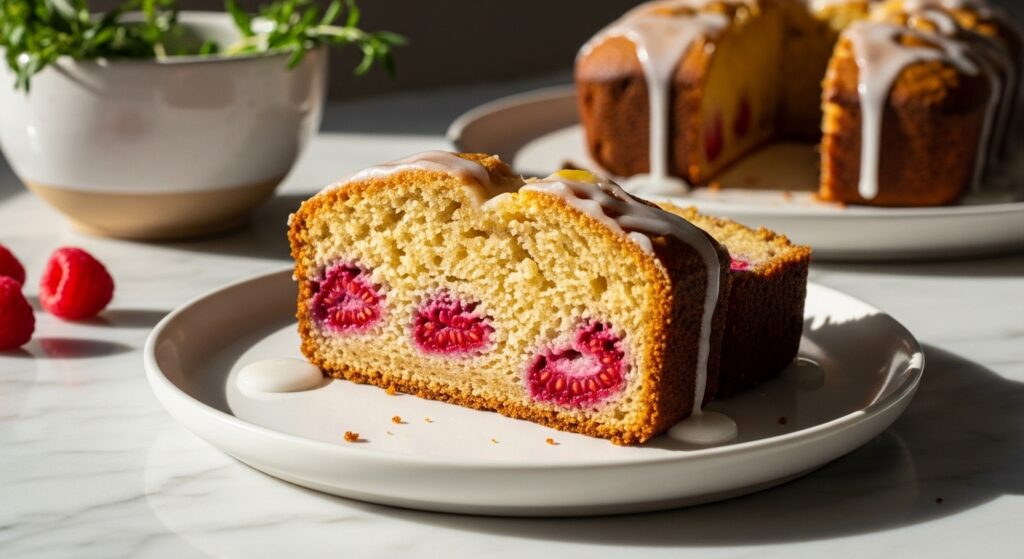 A beautifully plated slice of golden brown Raspberry Lemon Gluten-Free Bread, showing a moist crumb with visible fresh raspberries and a generous drizzle of lemon glaze, resting on a minimalist white plate on marble countertops. Fresh herbs are visible in a ceramic bowl in the soft natural morning light from the east window. The scene is clean, tidy, and exudes warm tones with soft shadows.