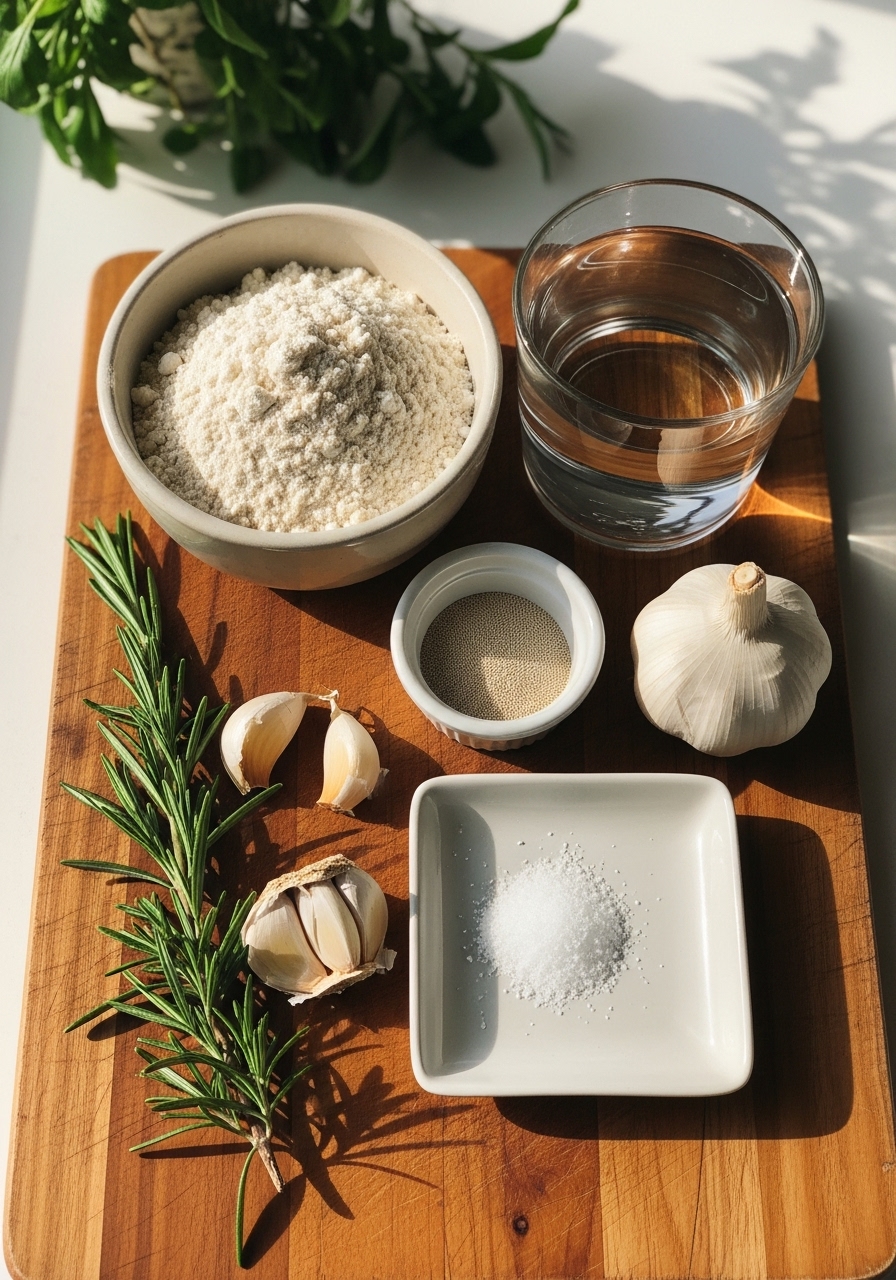 A perfectly composed flat lay of key ingredients for Rosemary Garlic Artisan Bread: a small ceramic bowl of all-purpose flour, a tiny bowl of instant yeast, a minimalist white dish of salt, a glass of warm water, fresh rosemary sprigs, and whole garlic cloves, all arranged on the wooden cutting board, bathed in natural morning light from the east window. The background features subtle fresh herbs, with warm tones and soft shadows. No hands visible.
