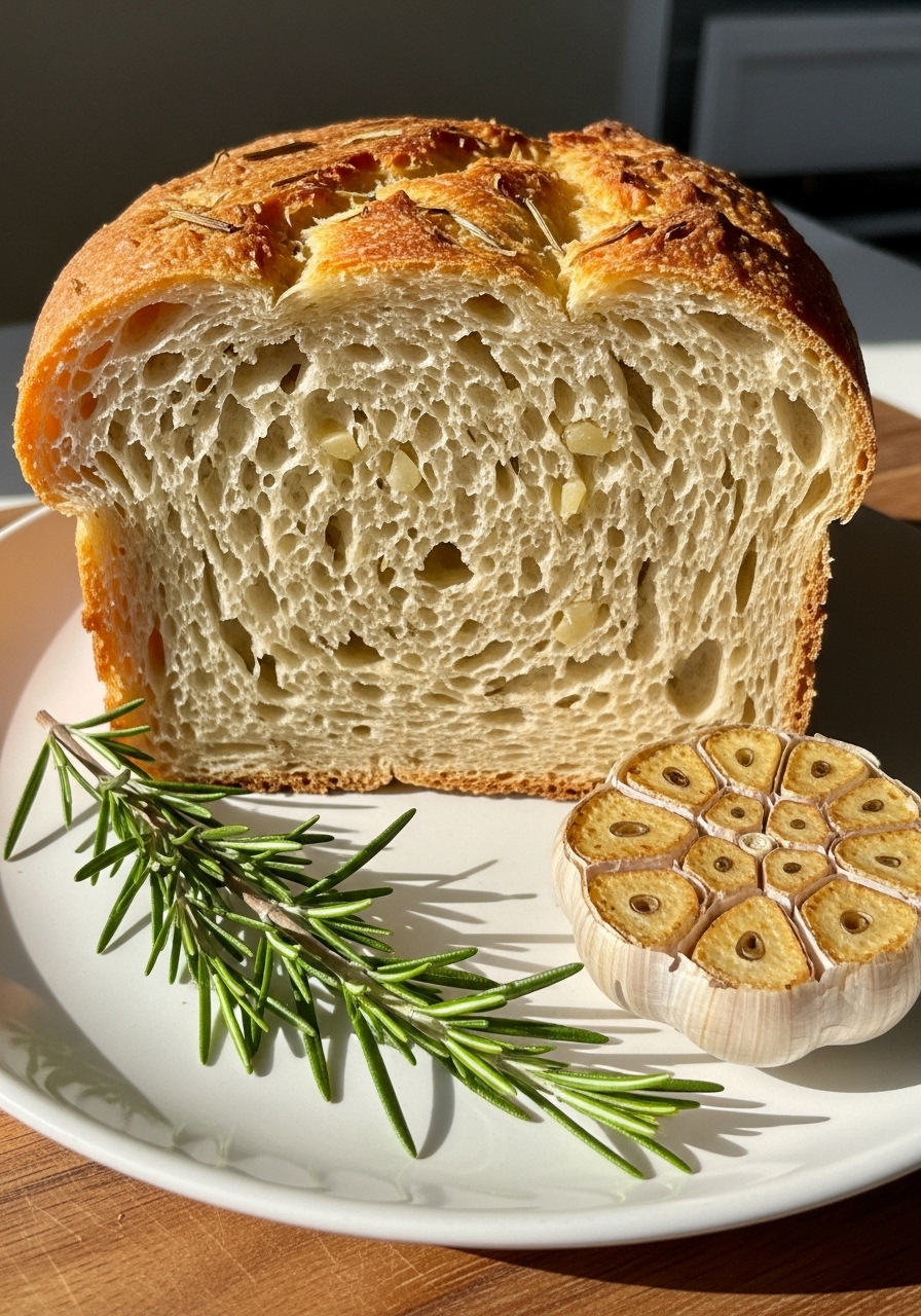 A close-up detail shot of a thick, golden-brown slice of freshly baked Rosemary Garlic Artisan Bread, revealing its airy, open crumb and delicious rosemary and garlic pieces. The slice is on a minimalist white plate, which is placed on the wooden cutting board. A sprig of fresh rosemary and a perfectly roasted garlic clove artfully rest beside it. The entire scene is bathed in natural morning light, emphasizing texture and inviting warmth. No hands visible.