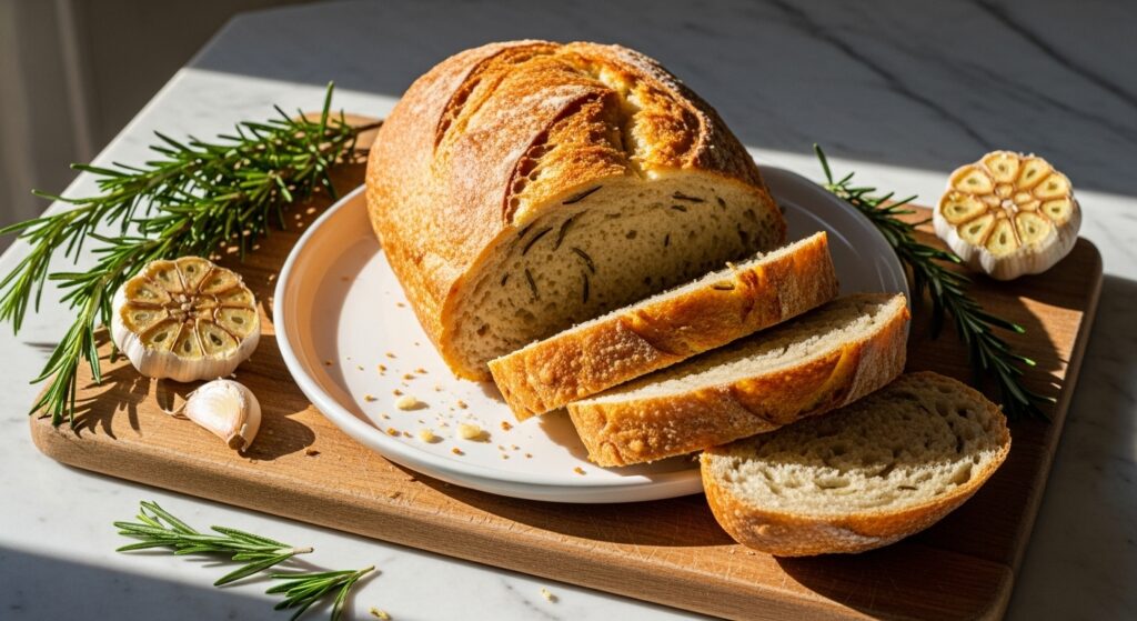 A beautifully plated, golden-brown loaf of Rosemary Garlic Artisan Bread, rustic and inviting, with a few thick slices cut and artfully arranged. It rests on the same wooden cutting board, positioned on marble countertops. Fresh rosemary sprigs and roasted garlic cloves are scattered nearby, all bathed in warm, natural morning light from the east window, creating soft shadows and a clean, tidy presentation. No hands visible.