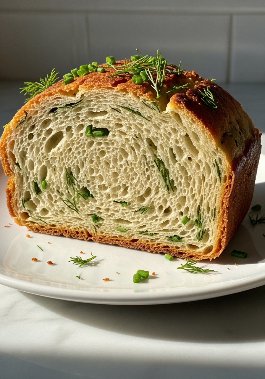 A detailed close-up shot of a freshly baked slice of savory herb artisan bread, showcasing its perfectly crispy golden-brown crust and a soft, airy interior studded with bright green dill and chives. The slice rests on a minimalist white plate on the marble countertop, with gentle natural morning light creating appealing highlights. A few artful crumbs are visible, emphasizing authenticity. No visible hands. (3:4)