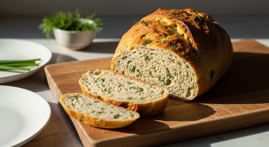A gloriously baked, golden brown savory herb artisan bread loaf, sliced to reveal its airy crumb flecked with green dill and chives, resting on the same wooden cutting board. It's perfectly positioned on minimalist white plates on the marble countertops, bathed in natural morning light from the east window. A small ceramic bowl with fresh herbs (dill, chives) is subtly in the soft-shadowed background, creating a warm and tidy, yet lived-in, scene. No visible hands. (16:9)