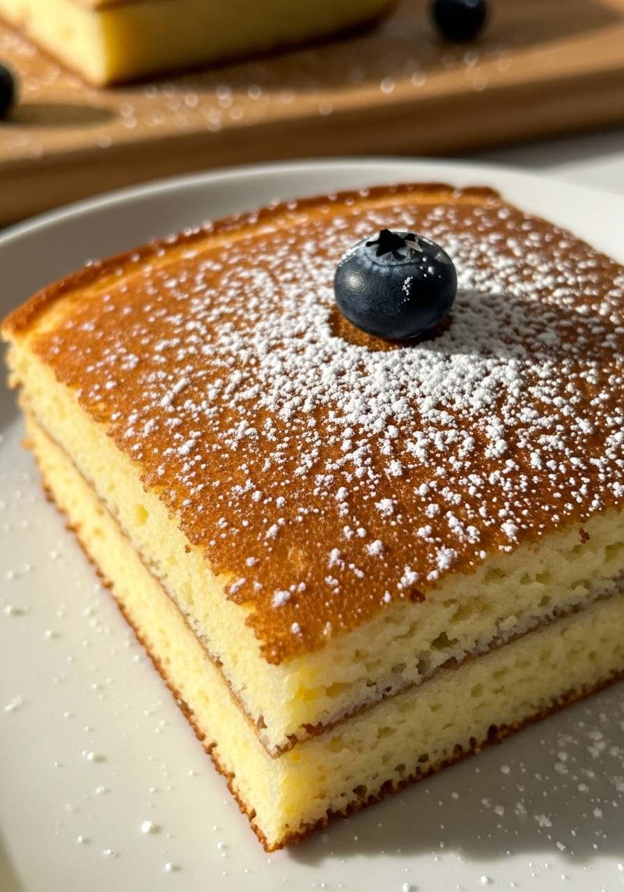 An extreme close-up detail shot of the top surface of a perfectly baked sheet pan pancake square, showcasing its golden-brown edges and soft, fluffy interior texture. A light dusting of powdered sugar and a single blueberry rest on top. The shot emphasizes the delicious appeal and warmth, with soft shadows and warm tones on a minimalist white plate, and the same wooden cutting board just out of focus.