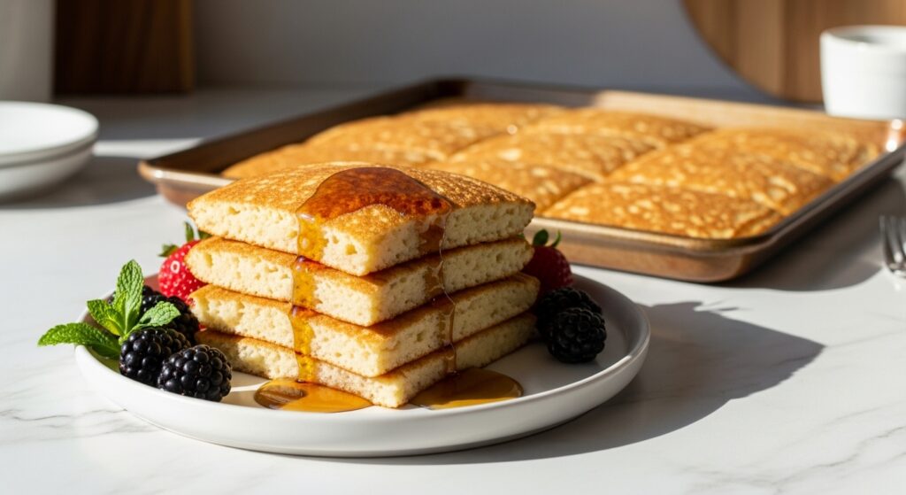 A beautifully baked sheet pan of golden brown sheet pan pancakes, sliced into perfect squares and artfully stacked on a minimalist white plate, drizzled with maple syrup. Fresh berries and a sprig of mint are artfully placed next to the stack. The scene is bathed in natural morning light from the east window, resting on marble countertops with subtle wood accents in the background, showing a clean and tidy presentation with soft shadows and warm tones.