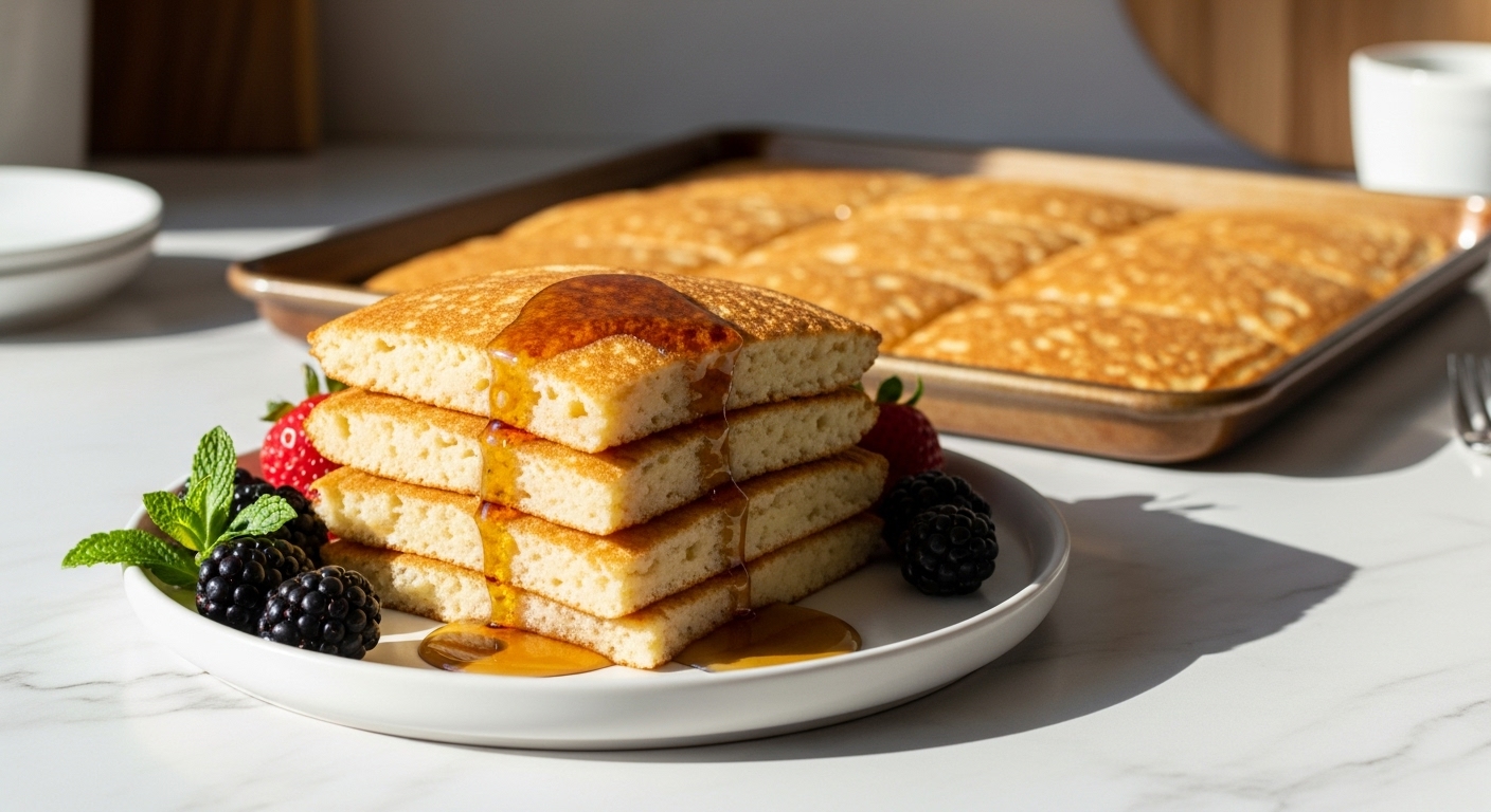 A beautifully baked sheet pan of golden brown sheet pan pancakes, sliced into perfect squares and artfully stacked on a minimalist white plate, drizzled with maple syrup. Fresh berries and a sprig of mint are artfully placed next to the stack. The scene is bathed in natural morning light from the east window, resting on marble countertops with subtle wood accents in the background, showing a clean and tidy presentation with soft shadows and warm tones.