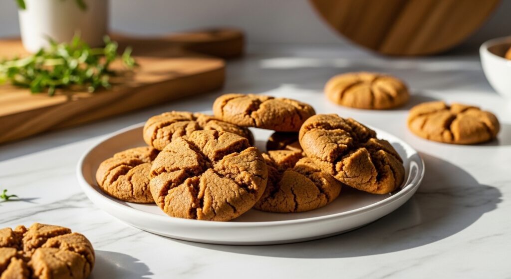 A beautifully arranged shot of warm, soft and chewy ginger snaps on a minimalist white plate, placed on marble countertops with wood accents in natural morning light. Fresh herbs are visible in the soft-focused background, creating warm tones and a clean, tidy presentation. The cookies show their signature crinkled tops and a few artful crumbs.