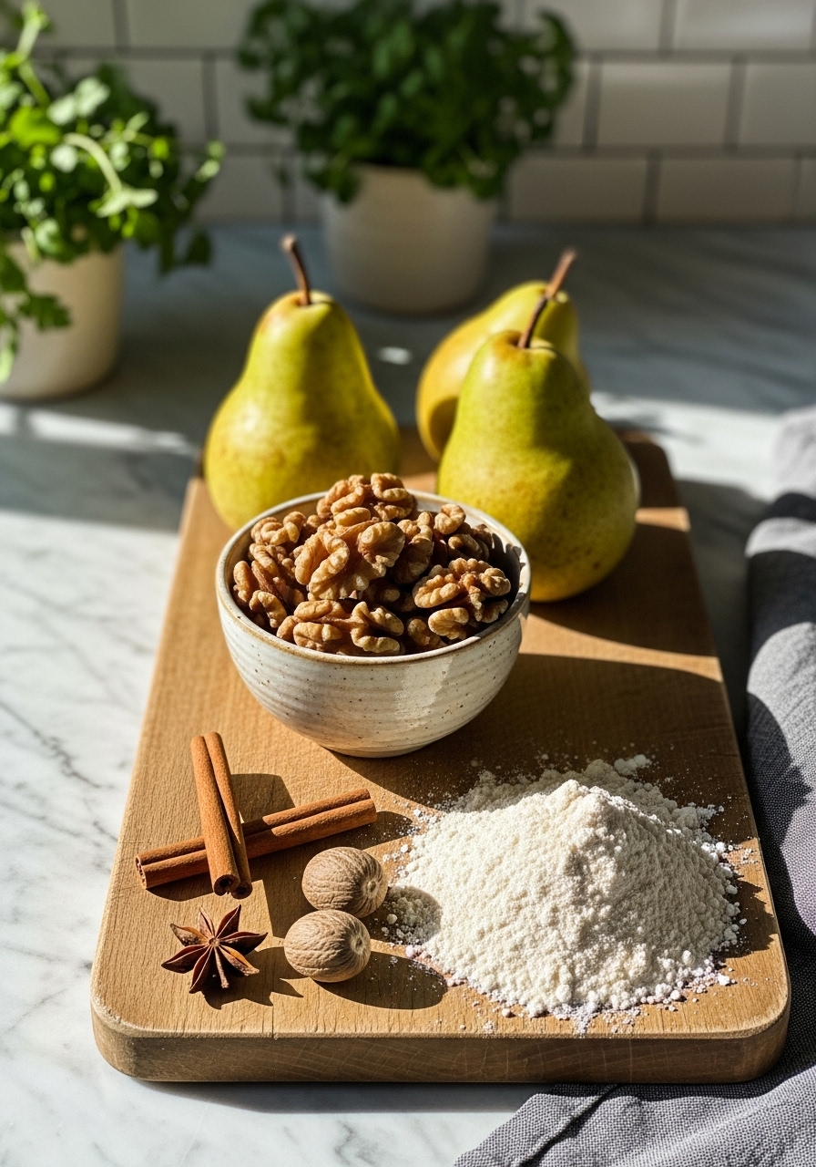 An inviting arrangement of key ingredients for spiced pear and walnut bread: whole pears, walnuts in a small ceramic bowl, a selection of whole spices (cinnamon sticks, nutmeg), and flour, all neatly laid out on the wooden cutting board. Natural morning light casts soft shadows across the marble countertops, with fresh herbs visible in the background, clean and tidy presentation with warm tones.