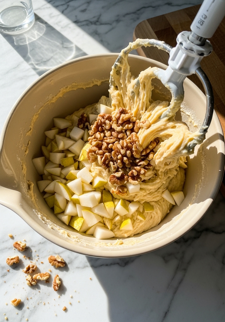 An action shot of diced pears and toasted walnuts being gently folded into a creamy, golden quick bread batter in a ceramic mixing bowl. The scene is set on marble countertops, with natural morning light illuminating the textures. A few artful crumbs around the bowl enhance the homemade feel, with the wooden cutting board visible nearby.