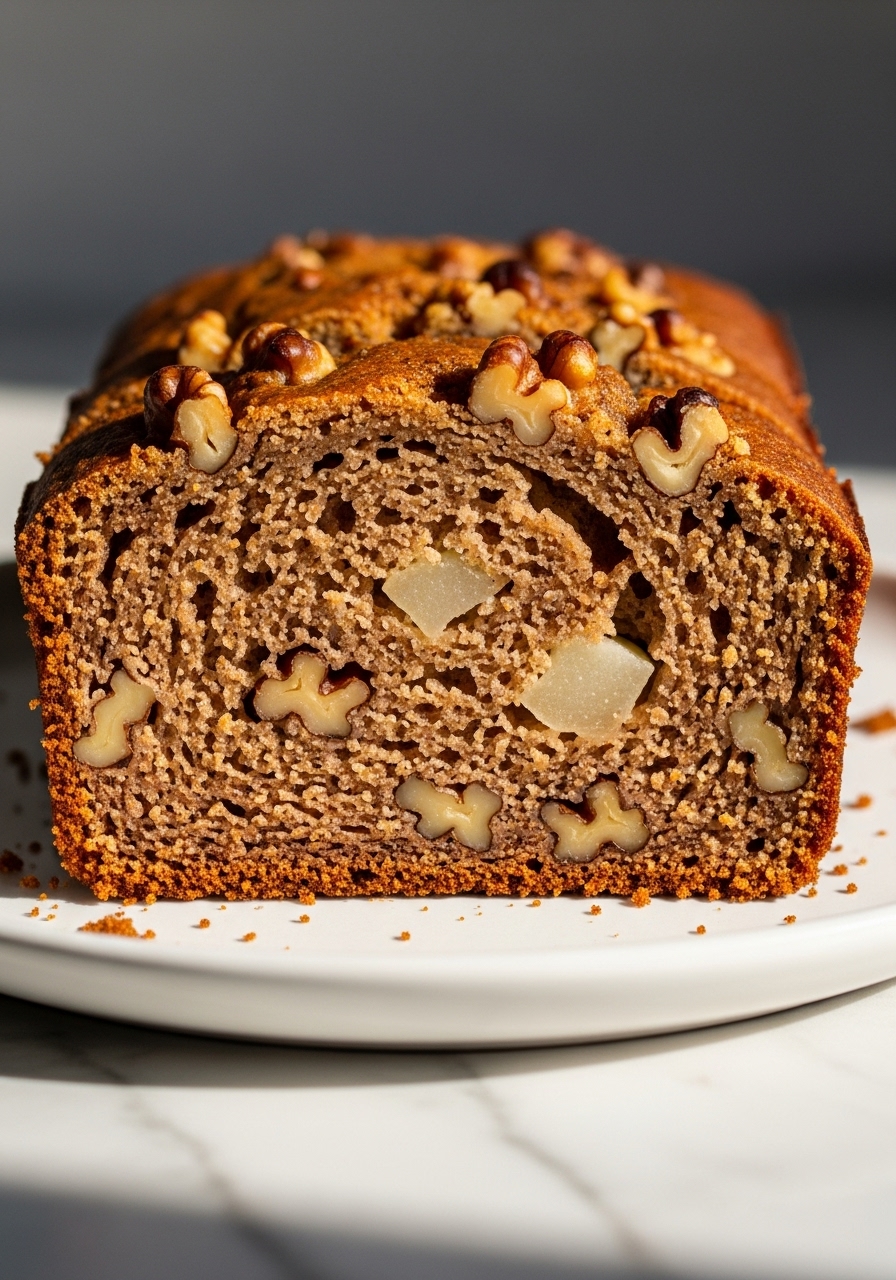 A super close-up detail shot of a perfectly sliced piece of spiced pear and walnut bread, showcasing its moist crumb, visible chunks of tender pear, and crunchy toasted walnuts. The slice is on a minimalist white plate resting on marble countertops, bathed in natural morning light, emphasizing texture and delicious appeal with soft shadows and warm tones.
