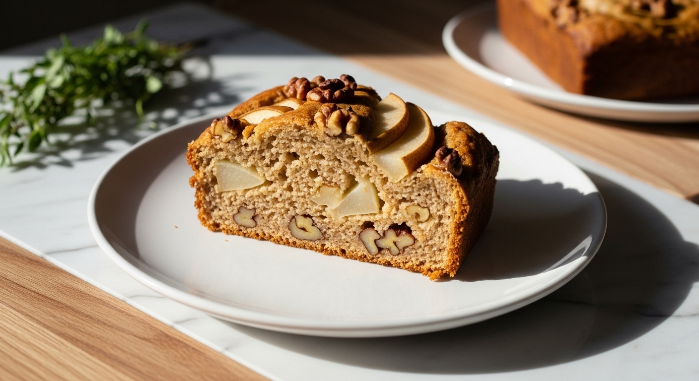 A beautifully plated slice of golden-brown spiced pear and walnut bread on a minimalist white plate, set on marble countertops with wood accents in soft natural morning light. The bread shows tender pieces of pear and visible walnuts, with a sprig of fresh herbs in the soft-shadowed background. Clean and tidy presentation, warm tones.