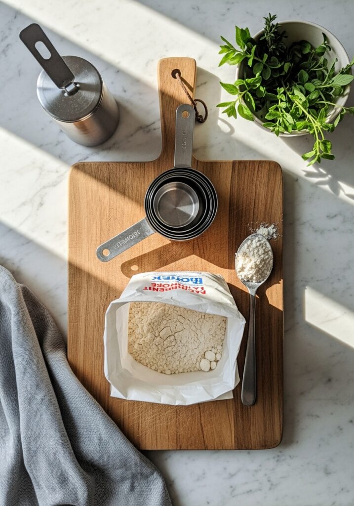 Stop Wasting Flour A 3:4 overhead shot of key tools for flour measurement arranged on marble countertops. A clean wooden cutting board sits center, holding a bag of all-purpose flour, a set of dry measuring cups, and a metal spoon. Natural morning light from the east window highlights the textures, with soft shadows and warm tones. Fresh herbs are artfully placed nearby in a ceramic bowl, adding a touch of vibrant green.