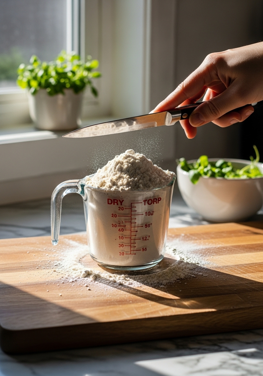 A 3:4 action shot (without hands) on the wooden cutting board, focusing on a dry measuring cup overflowing with flour, and a knife carefully leveling off the top. The scene is illuminated by natural morning light from the east window, creating soft shadows and warm tones, with a ceramic bowl with fresh herbs in the background. The marble countertops are visible around the cutting board, maintaining a clean and tidy aesthetic.