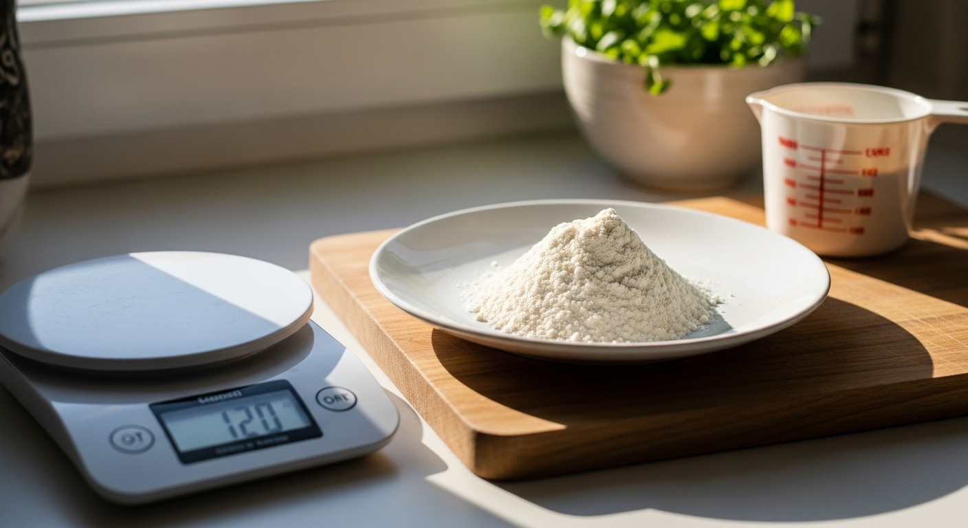 A beautifully composed 16:9 shot showcasing a minimalist white plate with a small mound of perfectly measured flour on a wooden cutting board, surrounded by a digital kitchen scale displaying '120g' and a dry measuring cup. Soft natural morning light streams from the east window, creating warm tones and soft shadows. Fresh herbs are visible in a ceramic bowl in the gently blurred background. The scene is clean and tidy, evoking a genuine love for the baking process.