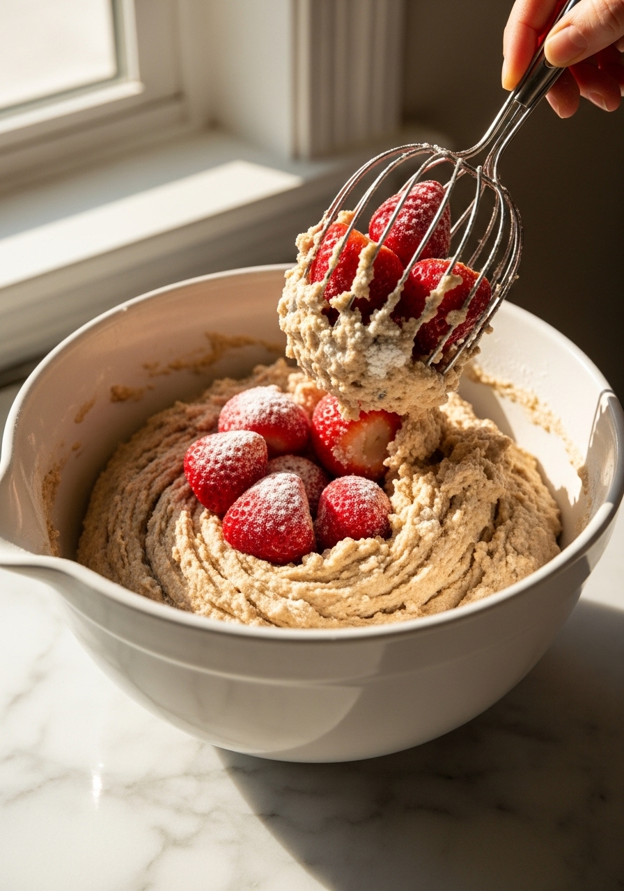 A 3:4 action shot capturing the moment of gently folding vibrant red, flour-dusted strawberries into the hearty, light brown batter for Strawberry Whole Wheat Bread in a minimalist white ceramic mixing bowl. The bowl is on marble countertops, showcasing the mixture's texture under natural morning light from the east window. Warm tones, soft shadows, a clean presentation. No hands or people.