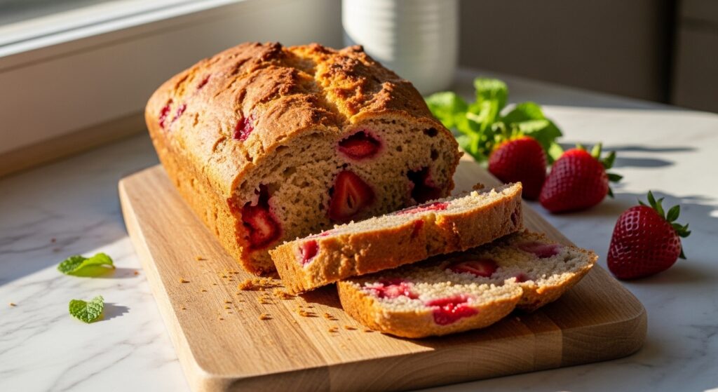 A beautifully composed 16:9 hero shot of a golden brown, rustic loaf of Strawberry Whole Wheat Bread, partially sliced to reveal the moist interior studded with vibrant red strawberries. The loaf is artfully arranged on the same wooden cutting board, set against marble countertops with natural morning light streaming from the east window. A few fresh, whole strawberries and a sprig of fresh mint are visible in the background, creating warm tones and soft shadows. The presentation is clean and tidy, emphasizing its mouth-watering appeal. No hands or people.